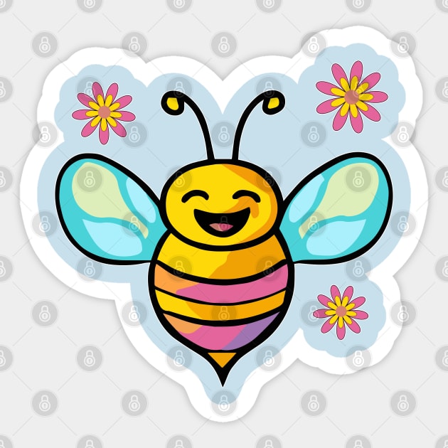 Happy smiling baby bee with flowers. Kawaii cartoon Sticker by SPJE Illustration Photography